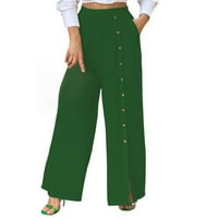 Женски твърд цвят памучен спален панталон Прочистване на мода дълги палацо панталони Леко тегло приляга широки крака плажни панталони с джобове летни панталони с висока талия на талии, удобни армия зелени