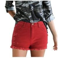 Женските летни дъна Денът с висока талия пот шорти горещи разрушени къси шорти с джобове панталони червени l