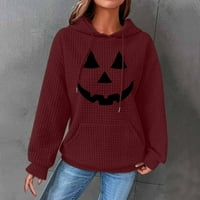 Качулки за женска мода Разхлабени Хелоуин отпечатани качулки пуловер с дълъг ръкав пачуърк карирана суичър с плетени върхове за жени вино l