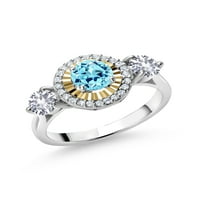 Gem Stone King 1. Ct Blue Apatite White създаде сапфир сребро и 10k жълто злато лаборатория отглеждани диамантени камък женски годежен пръстен