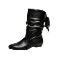 Кеситин зимни ботуши за жени дами fau кожени коляни високи ботуши Кокетна блок пета бяла обувка средно теле черно 8