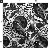 Памучна сатена покривка, 70 108 - Тъмно Хелоуин Нощ Raven Magic Feather Gothic Bats Skull Print Таблица спално бельо с лъжица