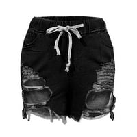Женски летен плътен цвят на разкъсани дънки Женски прави къси панталони Външна търговия Еластична талия плажни панталони Черно м