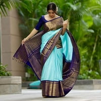 Индия се среща с Индия мека коприна Kanjivaram Saree с красива широка граница и тъкане на Зари и палу
